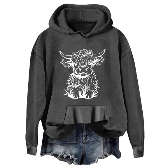 Puliio Women Hoodies Sweatshirt Fashion Long Sleeve Cute Cattle Graphic Printed Drawstring Hoodie Pullover Loose Fit Daily Wear Sweatshirts Top Blouse With Pocket