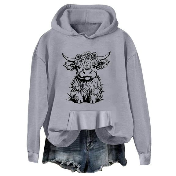 Puliio Women Hoodies Sweatshirt Fashion Long Sleeve Cute Cattle Graphic Printed Drawstring Hoodie Pullover Loose Fit Daily Wear Sweatshirts Top Blouse With Pocket