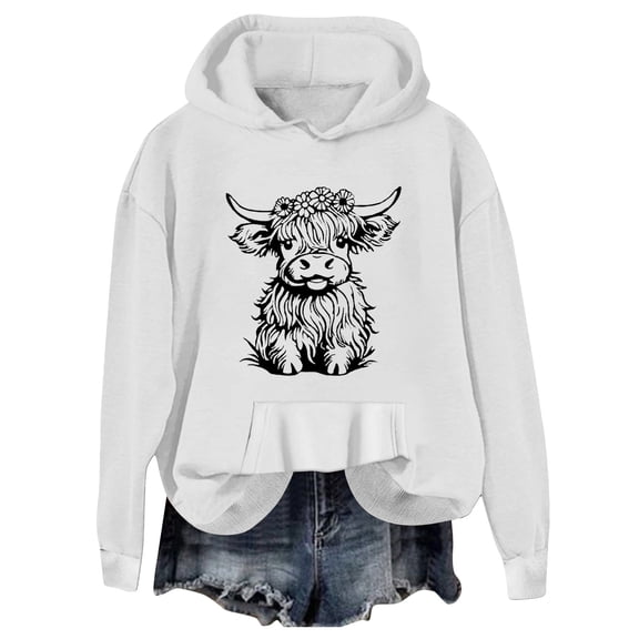 Puliio Women Hoodies Sweatshirt Fashion Long Sleeve Cute Cattle Graphic Printed Drawstring Hoodie Pullover Loose Fit Daily Wear Sweatshirts Top Blouse With Pocket