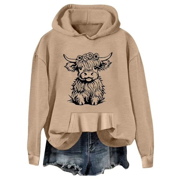 Puliio Women Hoodies Sweatshirt Fashion Long Sleeve Cute Cattle Graphic Printed Drawstring Hoodie Pullover Loose Fit Daily Wear Sweatshirts Top Blouse With Pocket