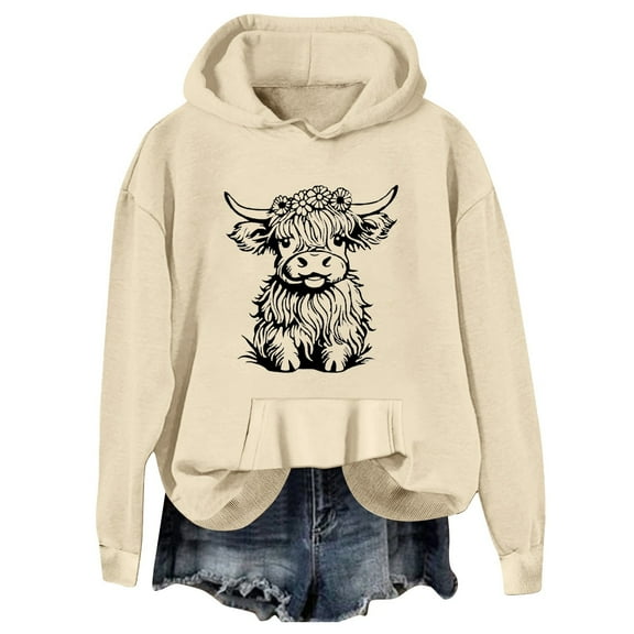 Puliio Women Hoodies Sweatshirt Fashion Long Sleeve Cute Cattle Graphic Printed Drawstring Hoodie Pullover Loose Fit Daily Wear Sweatshirts Top Blouse With Pocket