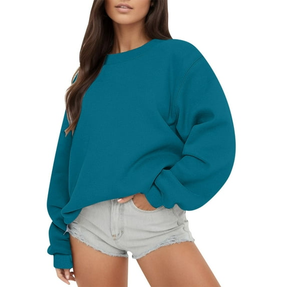 Puliio Women Hoodless Sweatshirt Solid Color Crewneck Long Sleeve Pullover Sweatshirts Comfortable Loose Fit Casual Minimalist No Hood Hoodies Fall Tops