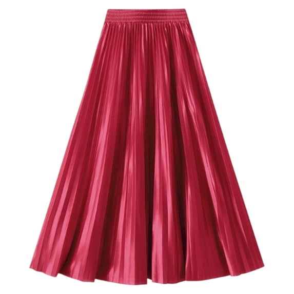 Puliio Women Midi Pleated Skirt Satin Elastic Waist Full Swing Party Daily Flared Skirt