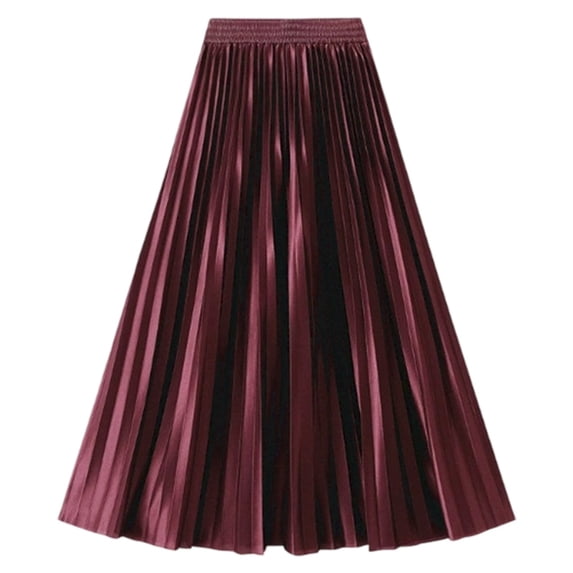 Puliio Women Midi Pleated Skirt Satin Elastic Waist Full Swing Party Daily Flared Skirt