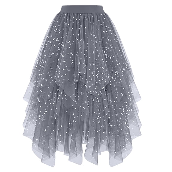 Puliio Women Midi Tulle Skirt Gold Star Sequin Irregular Hem Elastic Waist Party Flared Skirt