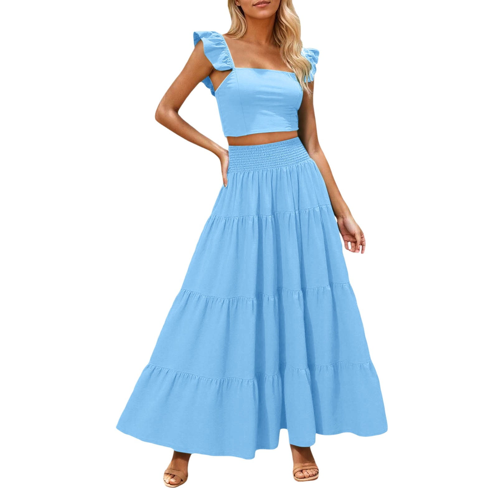 Puliio Women Outfit Set Casual Fashion Solid Color Button V Neck Spaghetti  Strap Top And Skirt 2pc Summer Solid Color Sexy Beach Vaction Resort Style  Skirt Sets - Walmart.com