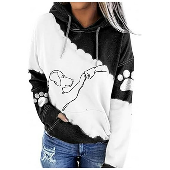 Puliio Women Oversized Hoodies Cute Dog Fist Bump Graphic Long Sleeve Drawstring Pullover Plus Size Hoody Sweatshirts Loose Fit Fall Winter Jacket Capped Top With Pocket