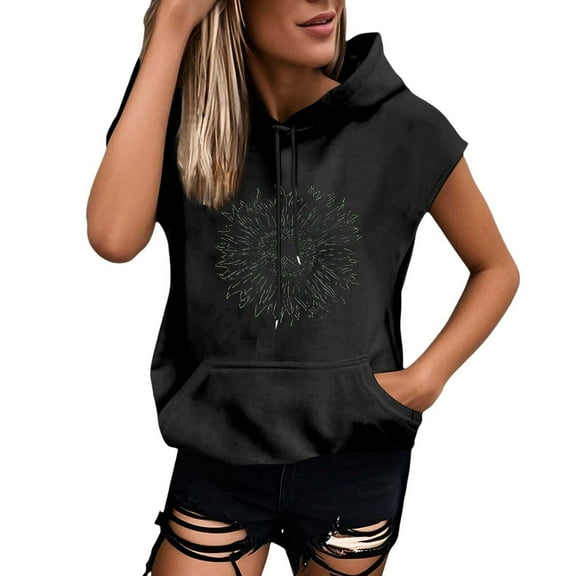 Puliio Women Plus Size Hoodies Fashion Print Hooded Sweatshirt With Pocket Loose Sleeveless Vest Hoody Blouse Tops For Womens