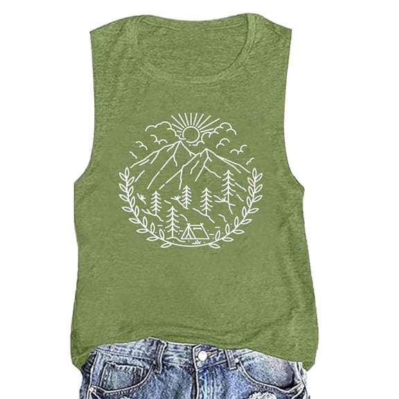 Puliio Women'S Tank Tops Modern Summer Round Neck Mountain Print Top Fashionable Simple Loose Short Sleeved Vest Suspender