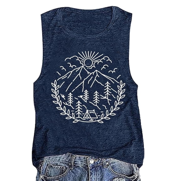 Puliio Women'S Tank Tops Modern Summer Round Neck Mountain Print Top Fashionable Simple Loose Short Sleeved Vest Suspender