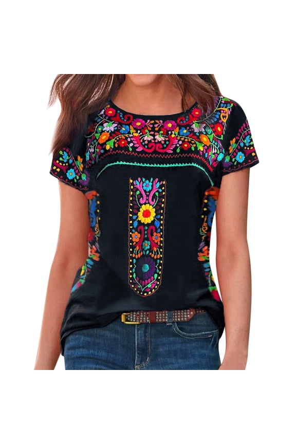 Women Short Sleeve Loose Round Neck Casual Pullover Folk Custom Printed T Shirt Top