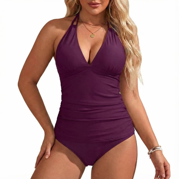 Puliio Women Tankini Set Solid Halter V Neck Top With Swim Brief 2Pcs Bathing Suit
