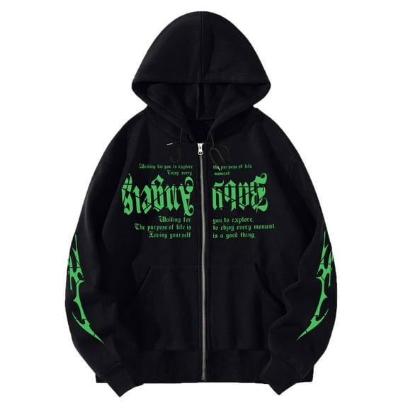 Puliio Women Zip Up Hoodies Fashion Letter Print Loose Hoodies Pullover Top With Pocket Y2k Style Oversized Gothic Hop Long Sleeve Sweatshirt Jackets
