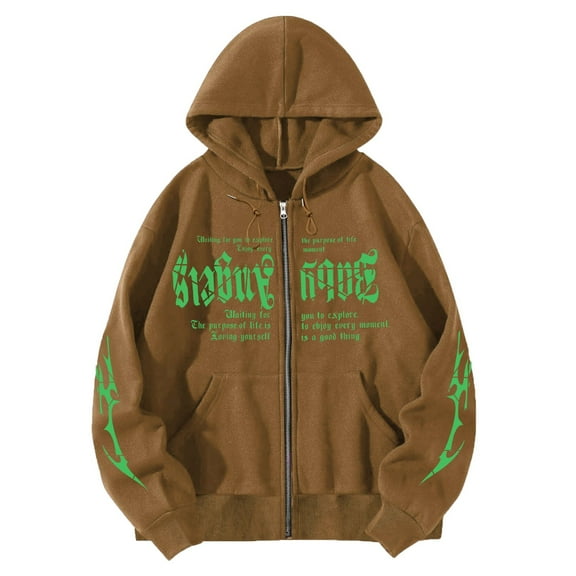 Puliio Women Zip Up Hoodies Fashion Letter Print Loose Hoodies Pullover Top With Pocket Y2k Style Oversized Gothic Hop Long Sleeve Sweatshirt Jackets