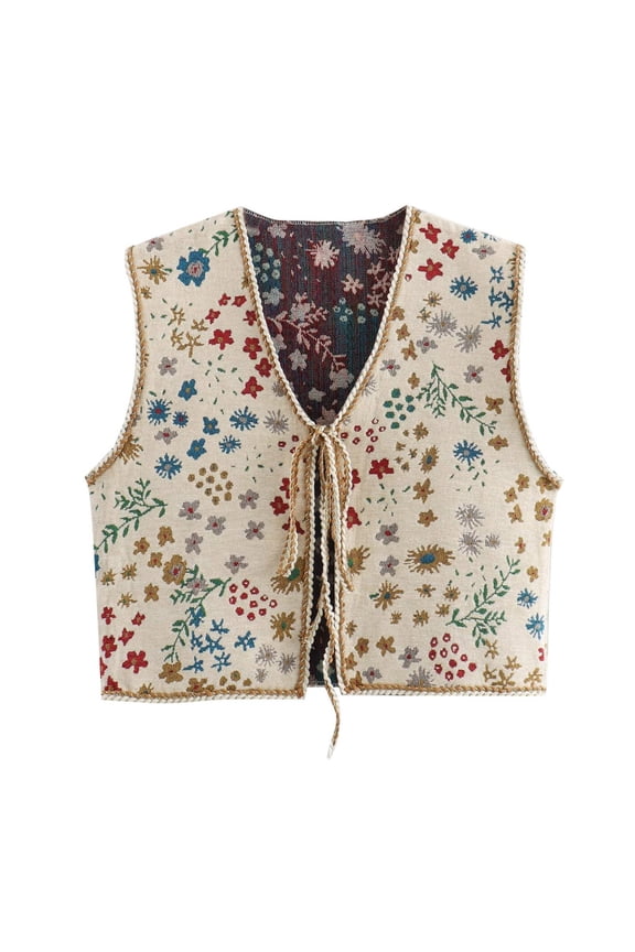 Women's Boho Floral Graphic Knit Vest V Neck Tie Front Sleeveless Comfortable Daily Office Layering Waistcoat Tops