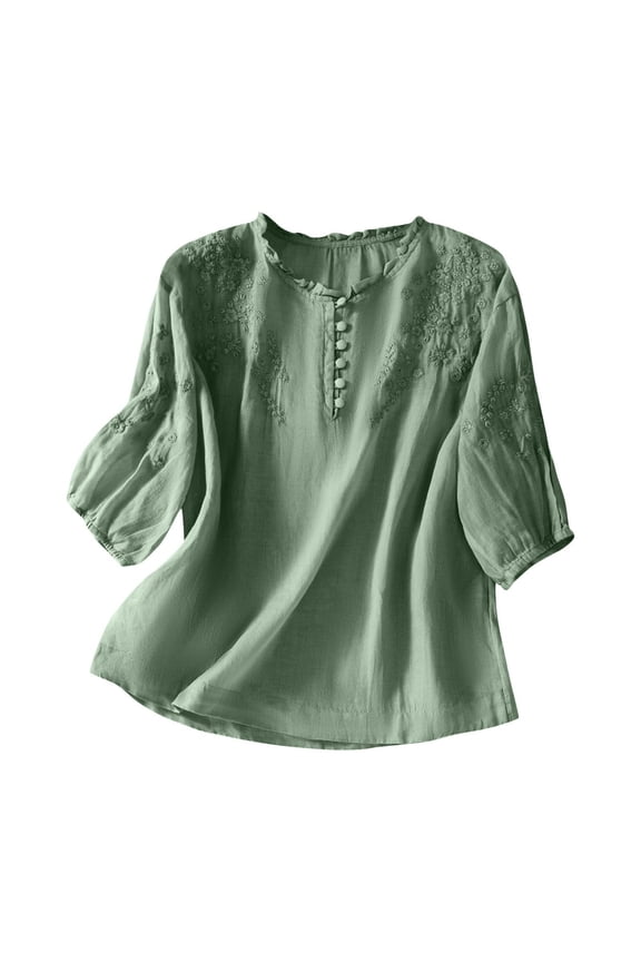 Women's Button Down Shirts Artistic Versatile Design Sense Embroidered 3/4 Sleeve Soild Blouse Spring Summer Fall Elegant Temperament Daily Wear Tops