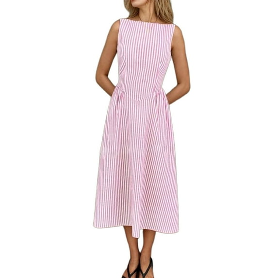 Puliio Women's Casual Dress Fashion Slim Fit Striped Sleeveless Elegant Summer Dress Fresh Elegant Temperament Daily Wear Beach Dresses For Womens