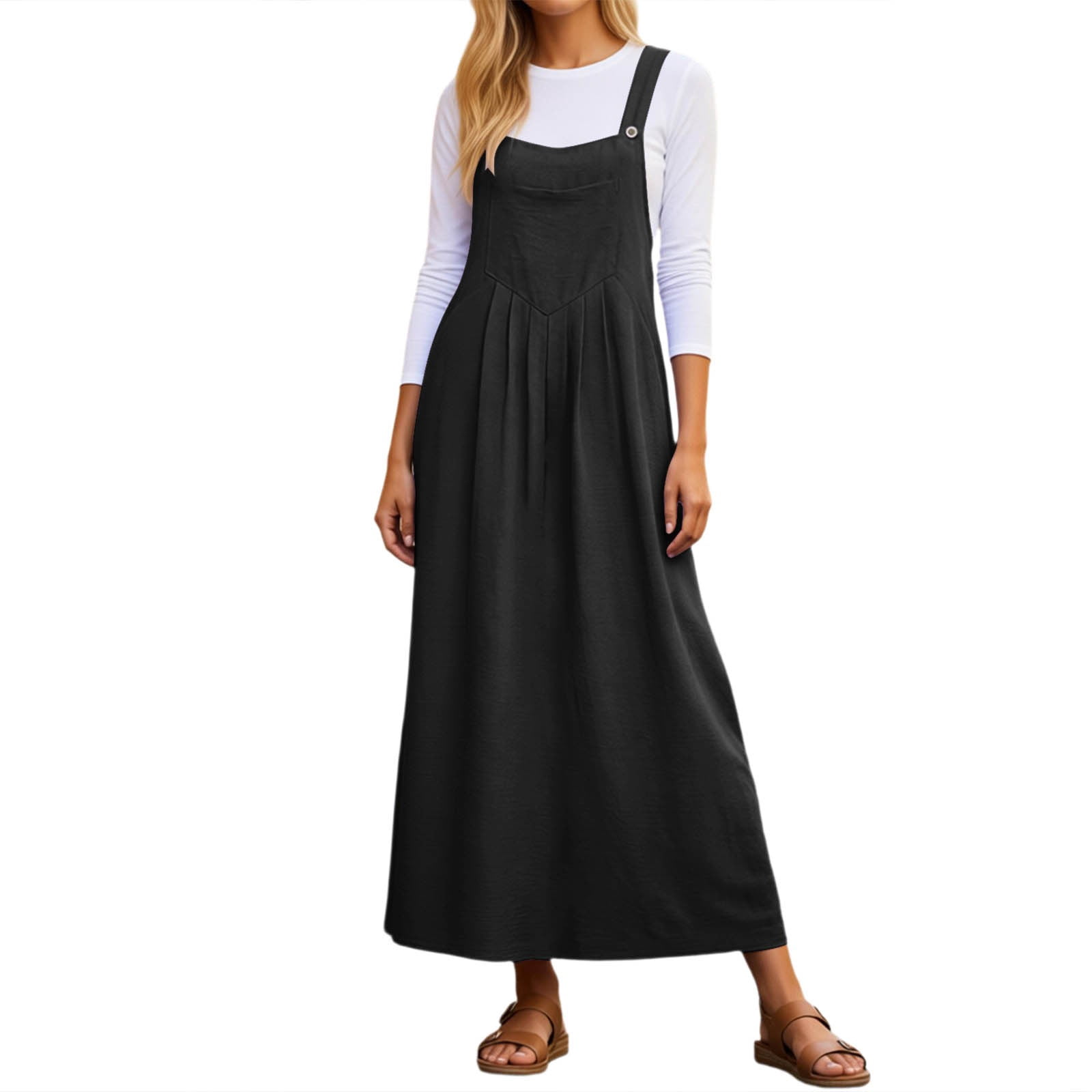 flowy pinafore dress XS Fierce Tan Adjustable Straps Plaid/Leopard Print Maxi Flowy Casual  Pinafore Dress with Pockets