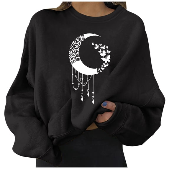 Puliio Women's Crew Neck Sweatshirt Boho Moon Butterfly Graphic Print Loose Buttery Soft Long Sleeve Afternoon Tea Date Pullover Tops