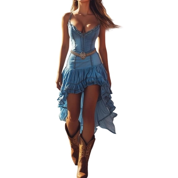 Puliio Women's Denim Cami Dress Ruffle Hem High Low Sleeveless Casual Western Party Dresses