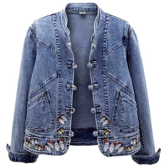Puliio Women's Denim Jacket Boho Butterfly Embroidery Graphic Button Relaxed Fit Comfortable Long Sleeve Daily Outer Coat