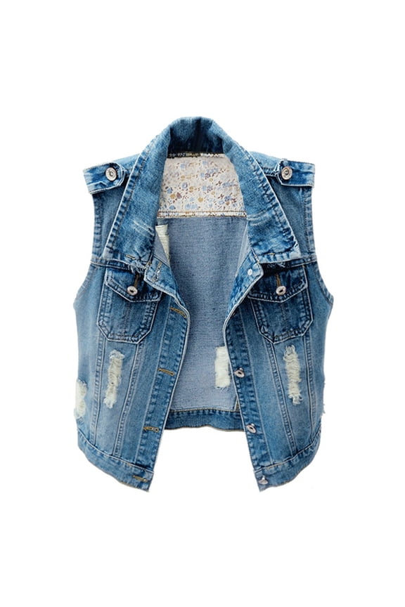 Women's Denim Vest Vintage Distressed Rip Detail Sleeveless Comfy Daily Layering Waistcoat Tops
