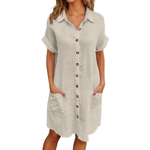 Puliio Women's Dresses Casual Button Down Short Sleeve Solid Shirt Dress Loose Fit Comfortable Wear Daily Versatile All Seasons Shirtdress