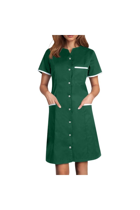 Women's Dresses Casual V Neck Short Sleeve Button Patchwork Design Mid Length Work Dress With Pocket Comfortable Daily Wear Nursing Doctor Beauty Overalls Dresses