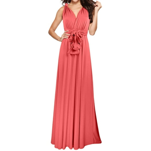 Puliio Women's Dresses Elegant Long V Neck Sleeveless Solid Evening Dress Convertible Wrap Way Bridesmaid Gown Wedding Guest Party Casual Wear Dresses