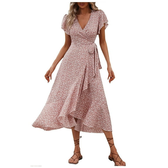 Puliio Women's Dresses Floral Short Sleeved V-Neck Waist Hugging Dress Summer Bohemian Beach Vaction Sexy Flowy A-Line Maxi Dresses