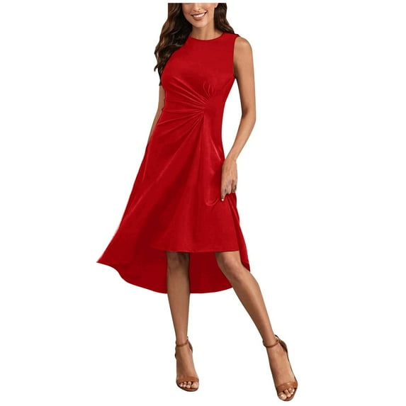 Puliio Women's Dresses Solid Color Crew Neck Sleeveless A Line Crinkle Knee-Length Midi Dress Summer Fasionable Elegant Temperament Casual Dresses