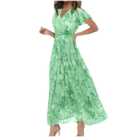 Puliio Women's Dresses Swing Chiffon Floral Short Sleeve Ruffle V Neck Long Dress Summer Beach Holiday Fashion Waist Flowy Dresses