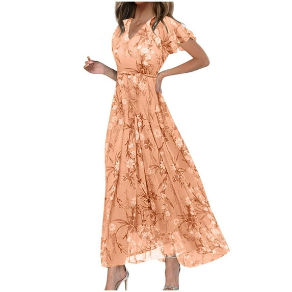 Puliio Women's Dresses Swing Chiffon Floral Short Sleeve Ruffle V Neck Long Dress Summer Beach Holiday Fashion Waist Flowy Dresses