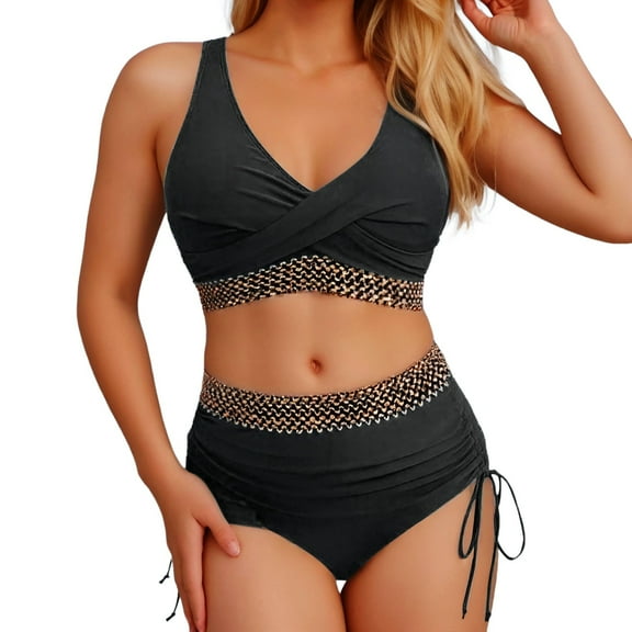 Puliio Women's High Waisted Bikini Set Two Piece Swimsuit V-Neck Cross Front Lace Trim Drawstring Swimwear