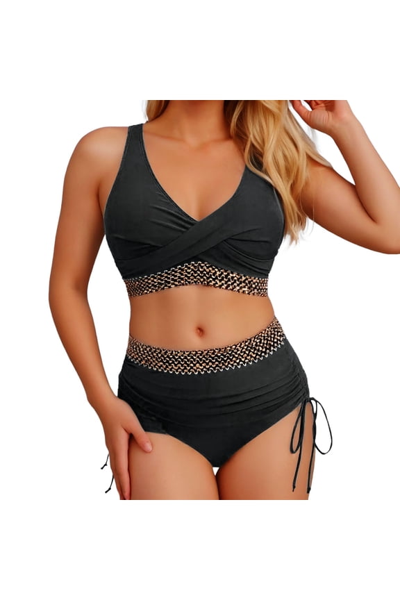 Women's High Waisted Bikini Set Two Piece Swimsuit V-Neck Cross Front Lace Trim Drawstring Swimwear