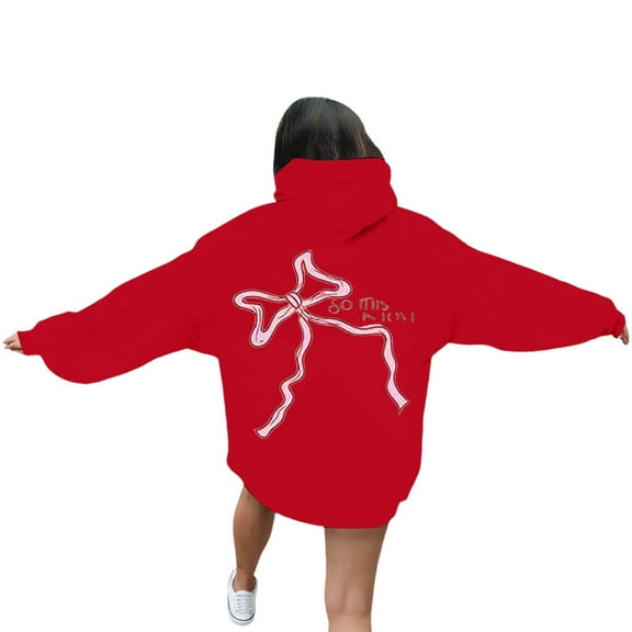 Puliio Women's Hoodie Bow Print Long Sleeve Casual Drawstring Hooded Sweatshirt Fall Winter Loose Comfy Trendy Pullover Tops With Pockets