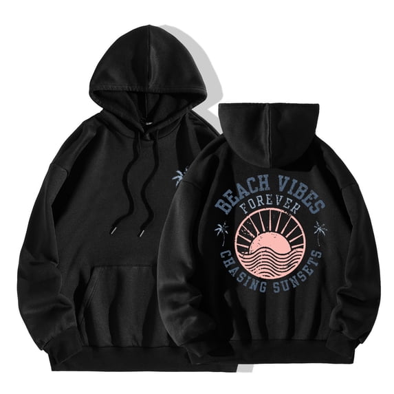 Puliio Women's Hoodie Coastal Cowgirl Sunset Wave Graphic Print Oversized Soft Long Sleeve Vacation Sweatshirt With Front Pocket