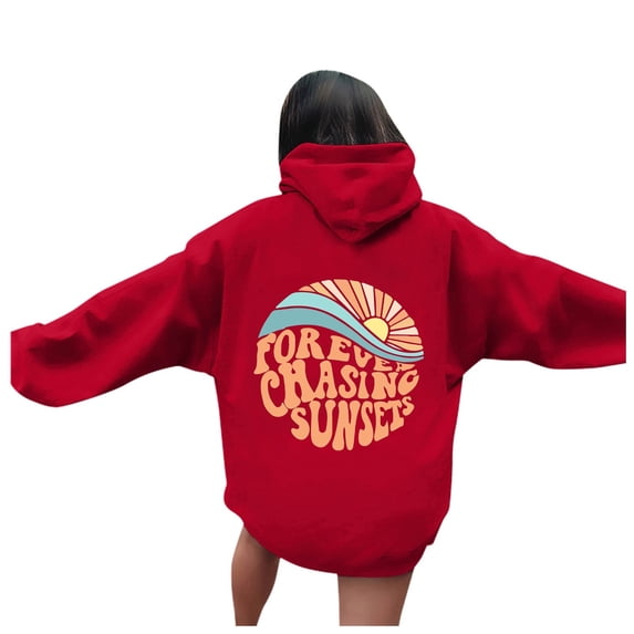 Puliio Women's Hoodie Retro Sunset Wave Letter Graphic Print Oversized Soft Long Sleeve Beach Sweatshirt With Front Pocket