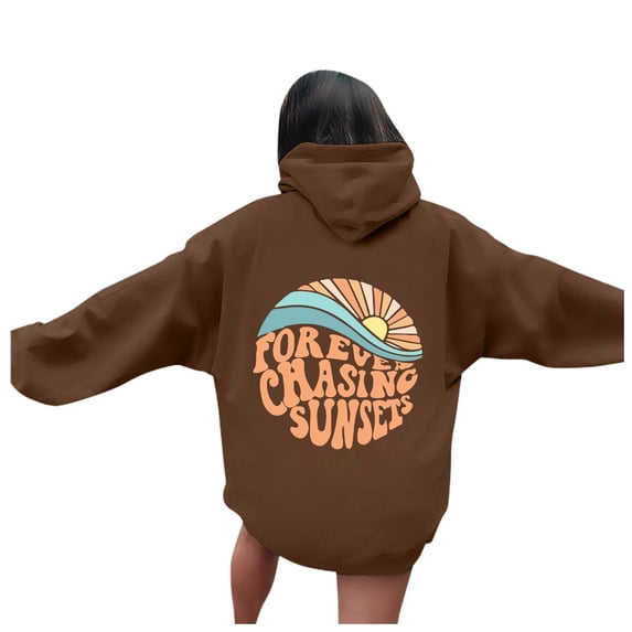Puliio Women's Hoodie Retro Sunset Wave Letter Graphic Print Oversized Soft Long Sleeve Beach Sweatshirt With Front Pocket
