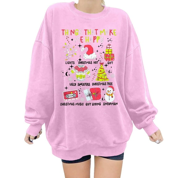 Puliio Women's Hoodies Cute Print Round Neck Long Sleeve Pullovers Top Womens Autumn Winter Casual Comfortable Soft Loose Fit Daily Wear Hoodless Sweatshirts