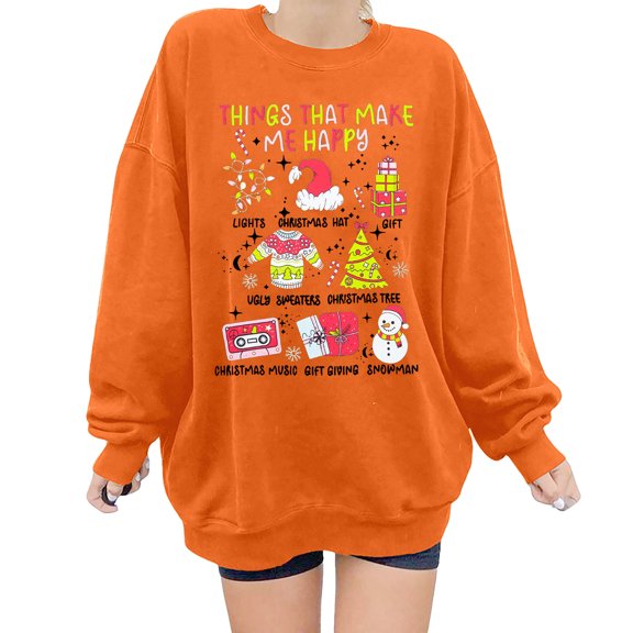 Puliio Women's Hoodies Cute Print Round Neck Long Sleeve Pullovers Top Womens Autumn Winter Casual Comfortable Soft Loose Fit Daily Wear Hoodless Sweatshirts