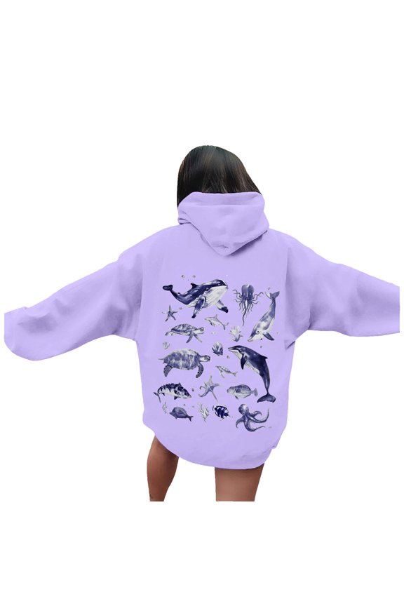 Women's Hoodies Sweatshirts Ocean World Print Long Sleeve Casual Hooded Sweatshirt With Drawstring Pocket Spring And Fall Comfortable Daily Wear Pullover Hoodie