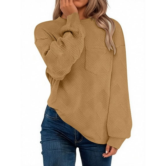 Puliio Women's Hoodless Sweatshirt Casual Solid Color Crew Neck Long Sleeve Pocket Pullover Sweatshirt Womens Fall And Winter Versatile Relaxed Styles Pullovers Top