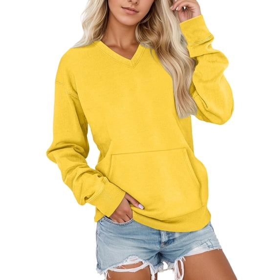 Puliio Women's V Neck Pullover Sweatshirt Soft Long Sleeve Casual Tops For Daily Wear And Sports Comfortable Loose Fit Winter Clothing With Pockets