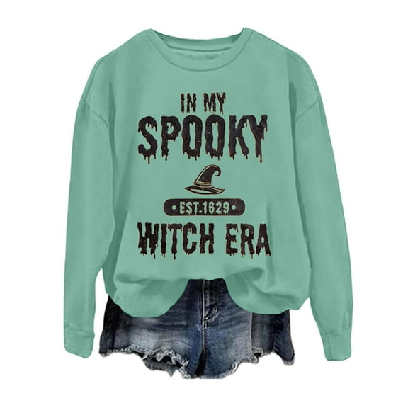 Puliio Women's Hoodless Sweatshirts Halloween Witch Themed Letter Printed Crew Neck Long Sleeve Lightweight Pullover Jacket Loose Leisure Thin Tunic Tops No Hood Sweatshirt For Women