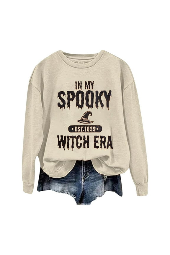 Women's Hoodless Sweatshirts Halloween Witch Themed Letter Printed Crew Neck Long Sleeve Lightweight Pullover Jacket Loose Leisure Thin Tunic Tops No Hood Sweatshirt For Women