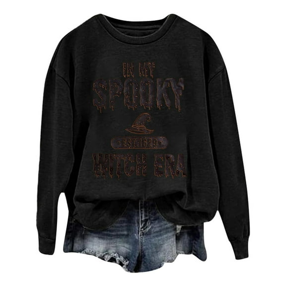 Puliio Women's Hoodless Sweatshirts Halloween Witch Themed Letter Printed Crew Neck Long Sleeve Lightweight Pullover Jacket Loose Leisure Thin Tunic Tops No Hood Sweatshirt For Women