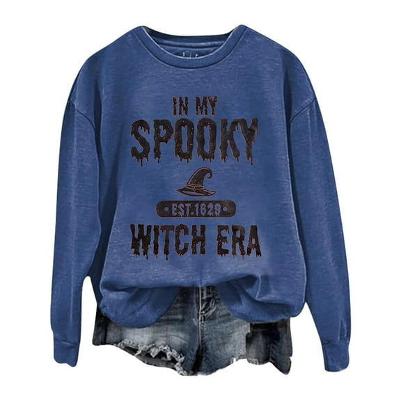 Puliio Women's Hoodless Sweatshirts Halloween Witch Themed Letter Printed Crew Neck Long Sleeve Lightweight Pullover Jacket Loose Leisure Thin Tunic Tops No Hood Sweatshirt For Women