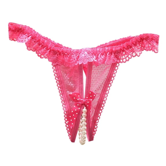 Puliio Women's Lace Pearl Decor Open‑Back Underwear Sexy Ruffled Bow G‑String Thong Panties