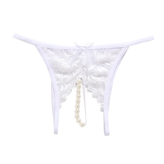 Puliio Women's Lace Underwear Open Front Thong Panties with Pearl Bead Decor Bow Detail Soft Sheer Mesh